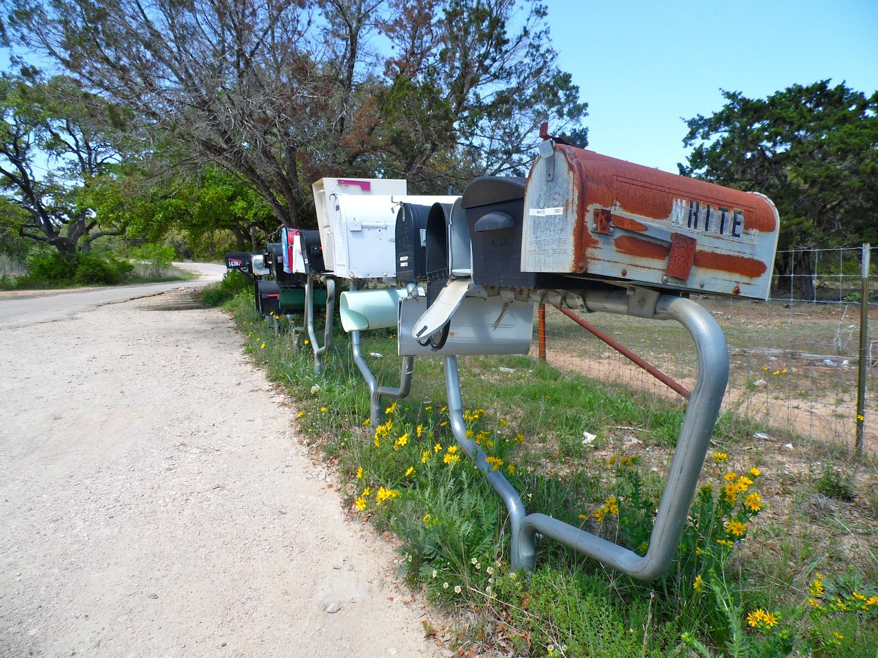 Row of US residential mailboxes